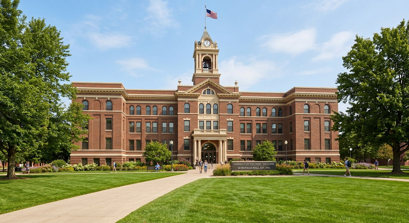 Schofield Hall historic brick building at UW-Eau Claire, the university's original 1916 building with classic architecture, green lawn in foreground, blue sky