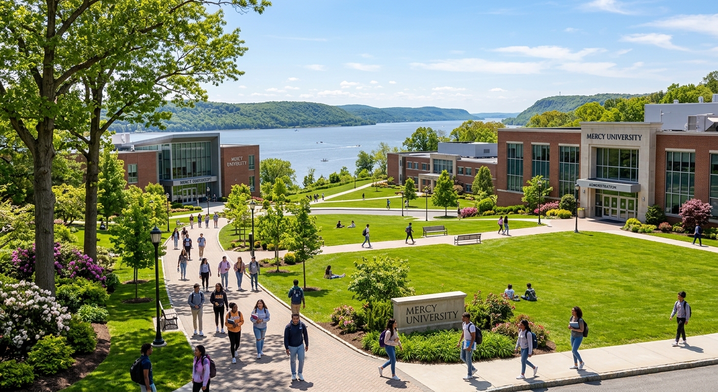 Mercy University campus in Dobbs Ferry, New York, with green lawns, modern academic buildings, students walking along tree-lined pathways, Hudson River visible in the background, sunny day
