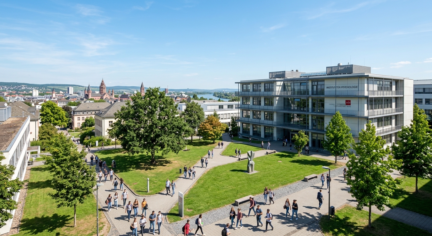 Johannes Gutenberg University Mainz campus with modern psychology building, green courtyard, students walking between lecture halls, clear sky over Rhineland-Palatinate cityscape