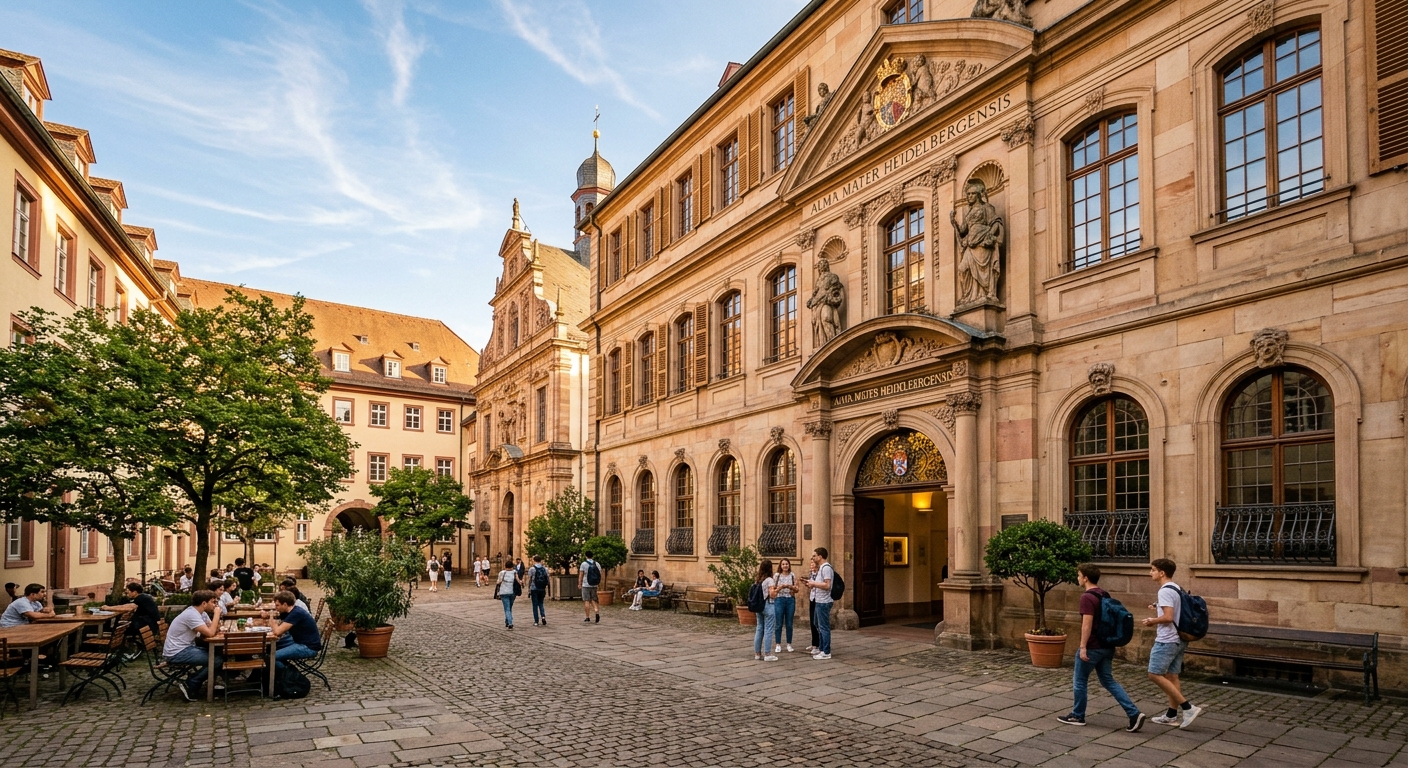 Heidelberg University Old University building (Alte Universität) with baroque facade, arched entrance, and historic courtyard in the Altstadt campus, warm afternoon light