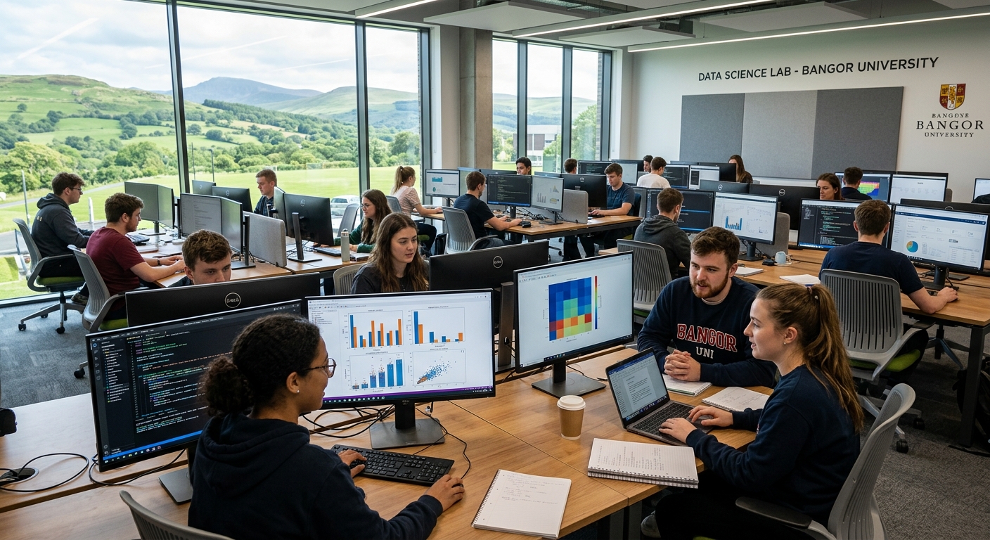 Modern computing laboratory at Bangor University campus with students working on data science projects, large monitors displaying data visualizations and code, natural light from windows overlooking the Welsh countryside of Gwynedd