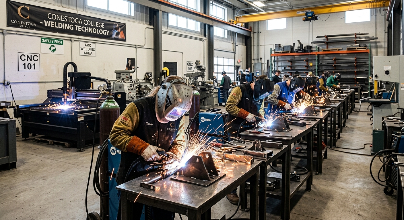 Industrial welding workshop at Conestoga College with students wearing protective gear practicing arc welding on metal fabrications, bright sparks illuminating a modern facility with CNC equipment and metal workstations