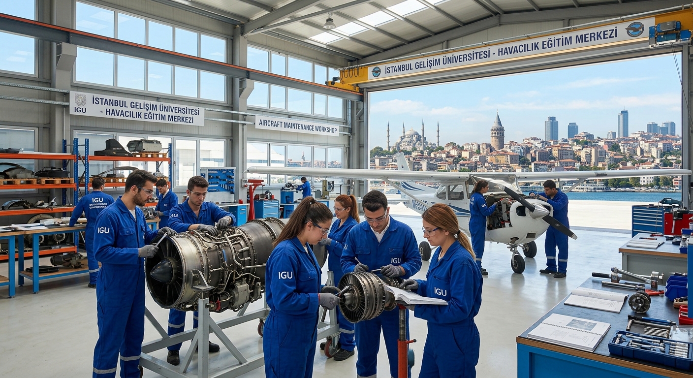 Istanbul Gelisim University campus with modern aviation training facilities, aircraft maintenance workshop with students working on aircraft components, bright daylight, Istanbul skyline in the background