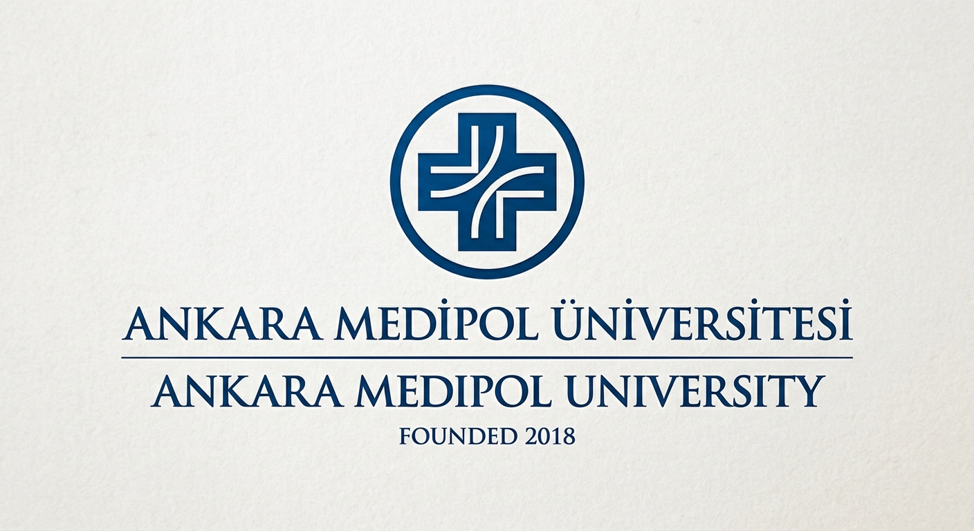 Ankara Medipol University official logo, blue and white color scheme with university name in Turkish and English, modern serif typeface with medical cross emblem