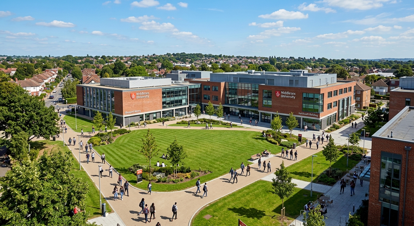 Middlesex University Hendon campus wide shot, modern university buildings with red brick and glass facades, green lawns, students walking along pathways, north London suburban setting, clear blue sky