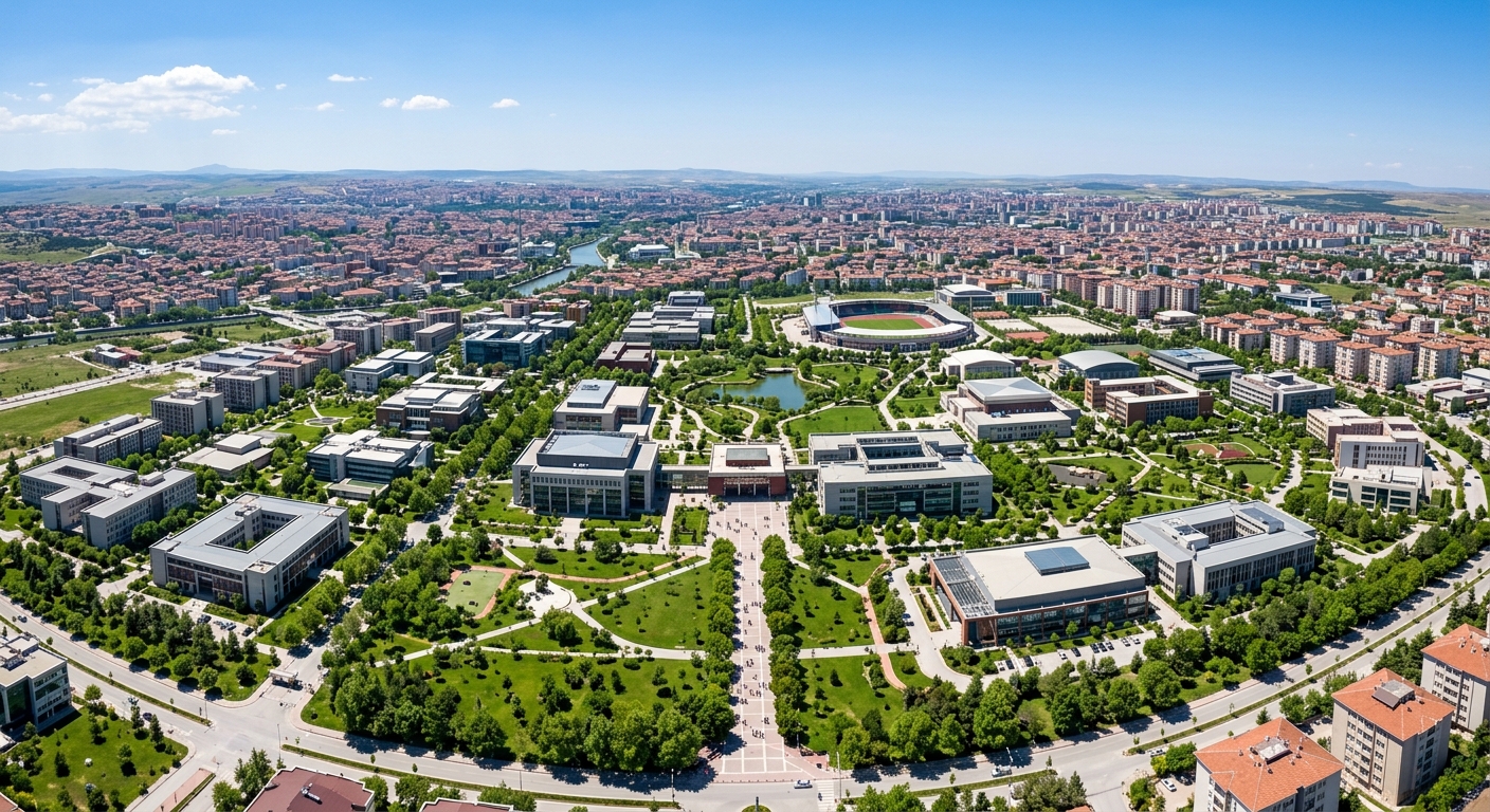 Anadolu University Yunus Emre Campus wide aerial view, modern university buildings surrounded by green lawns and tree-lined pathways, Eskişehir cityscape in background, clear blue sky