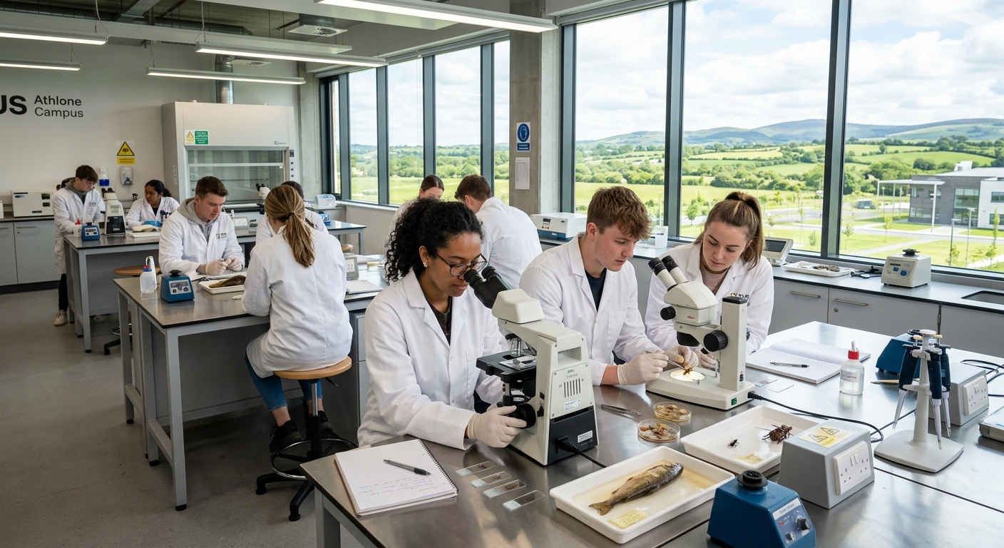 Modern science laboratory at TUS Athlone Campus with students in white lab coats examining animal specimens and using microscopes, bright natural light streaming through large windows, Irish countryside visible in background