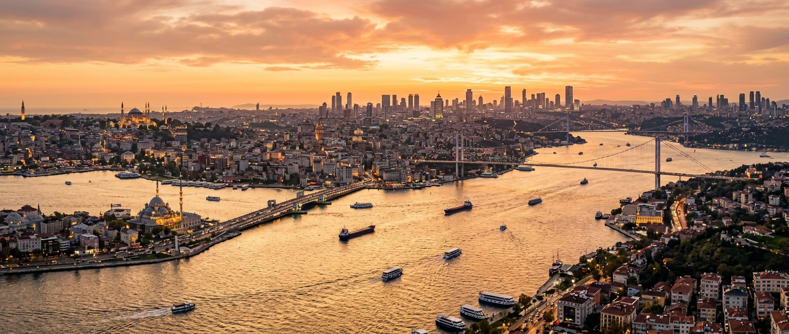 Panoramic view of Istanbul skyline with Bosphorus strait, historic mosques and minarets, modern skyscrapers, bridges connecting Europe and Asia, golden sunset light reflecting on water
