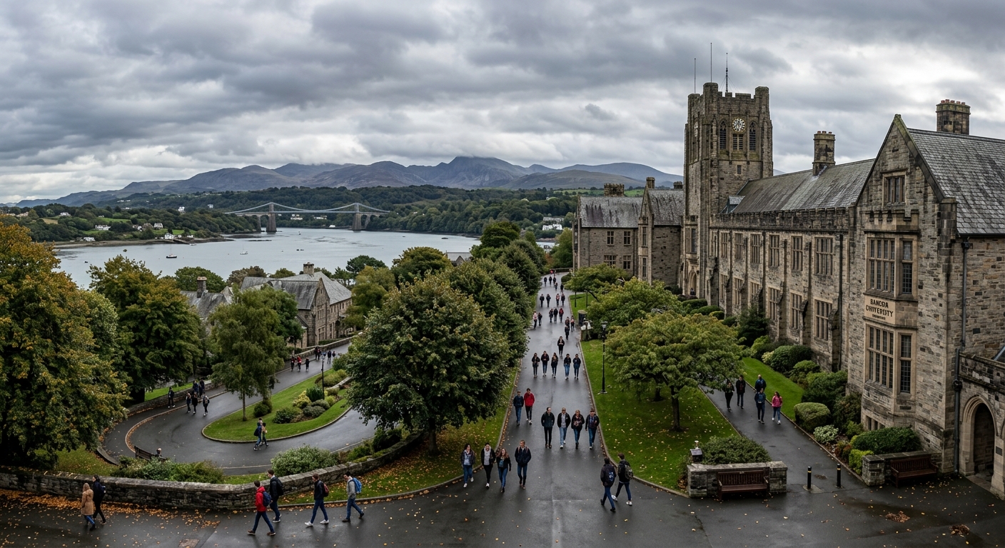 Bangor University campus with historic stone buildings set against the backdrop of Snowdonia mountains, students walking along tree-lined pathways with the Menai Strait visible in the distance, overcast Welsh sky