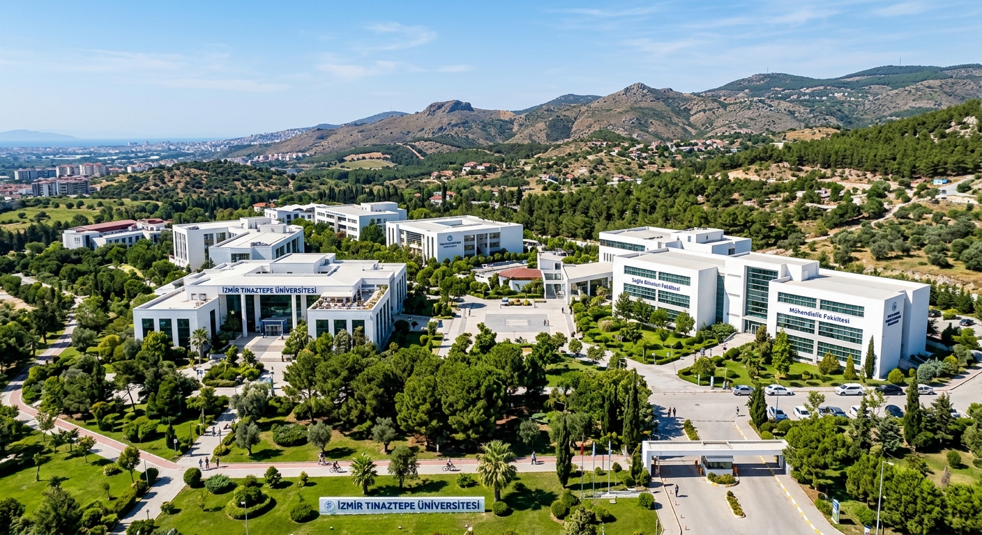 İzmir Tınaztepe University campus wide shot in Buca district, modern white faculty buildings surrounded by lush green landscape, Aegean hills in background, clear blue sky, Mediterranean climate setting