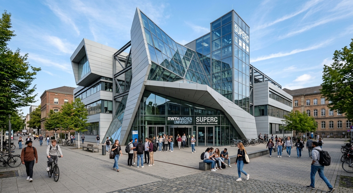RWTH Aachen SuperC student service center, modern glass and steel building with distinctive angular architecture, students gathering at entrance plaza, sunny day