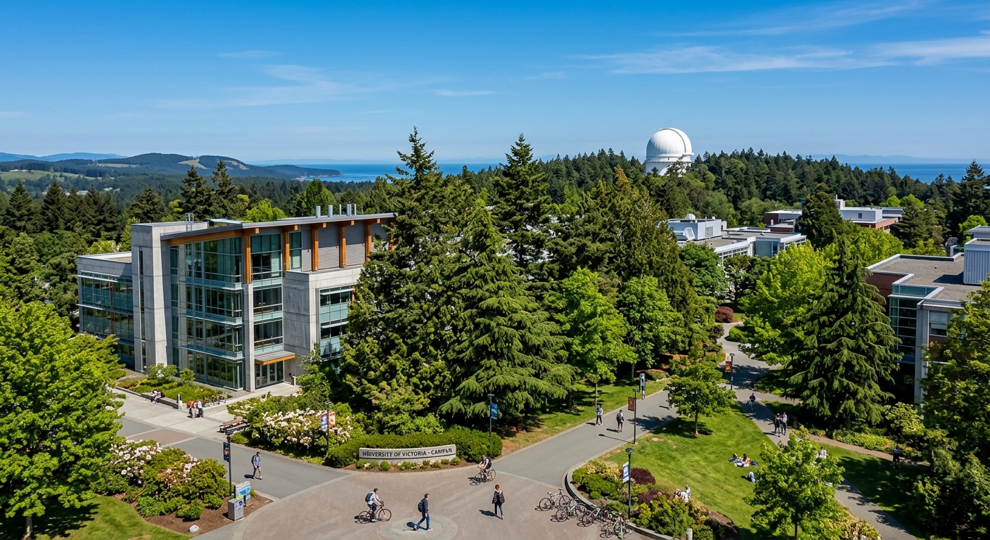 University of Victoria campus with lush green trees, modern science buildings, and a clear sky over Vancouver Island, British Columbia, with a telescope dome visible in the background