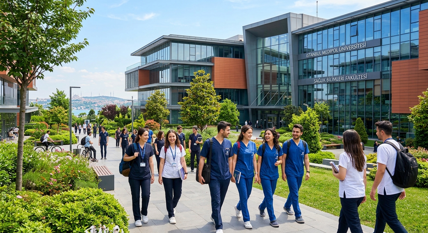 Modern university campus building in Istanbul with health sciences students walking through a sunlit courtyard, green landscaping, and contemporary glass architecture in the background