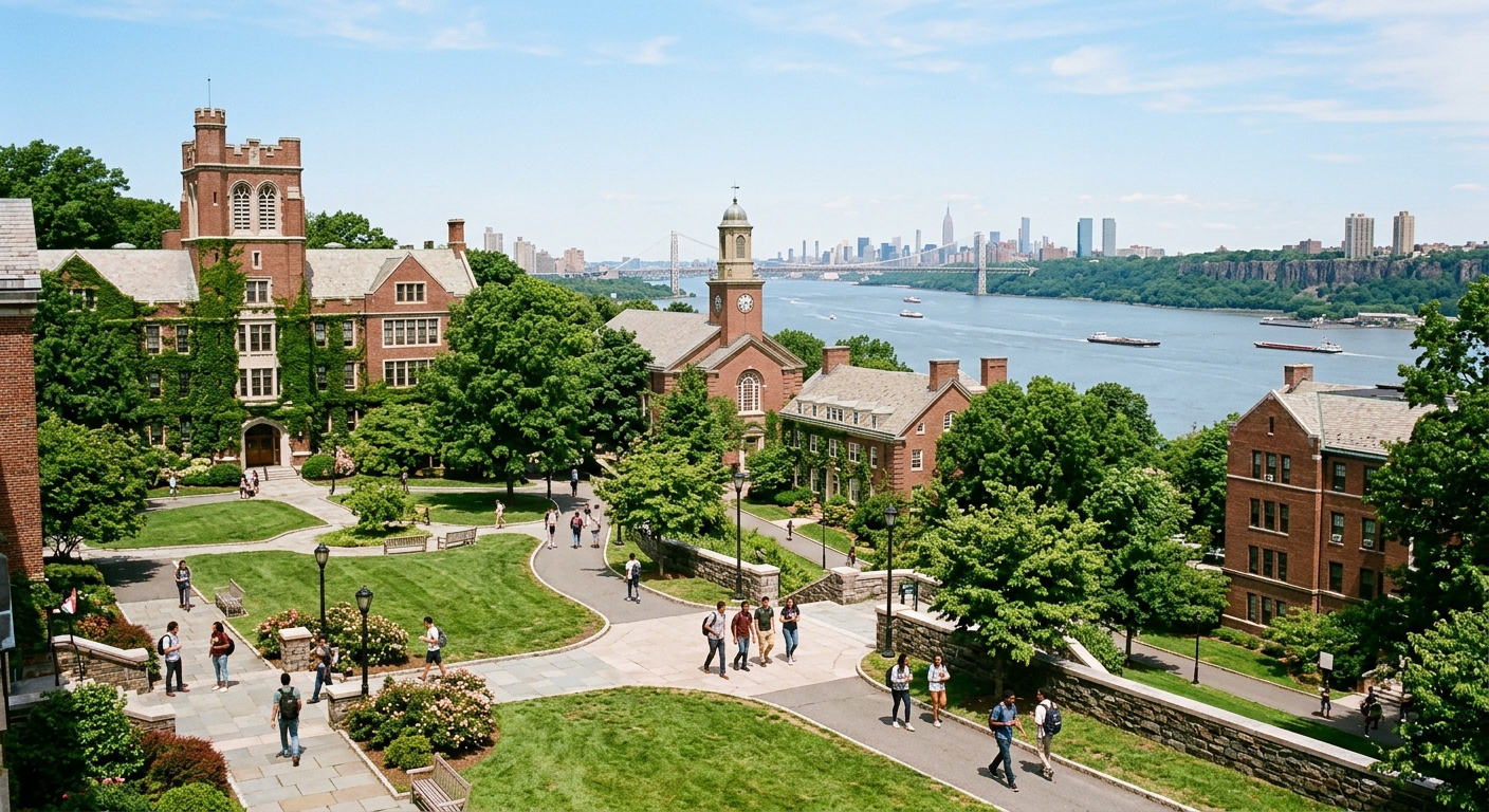 Manhattan University campus in Riverdale, New York, with historic brick buildings surrounded by green trees, students walking on pathways, Hudson River visible in the background, clear blue sky