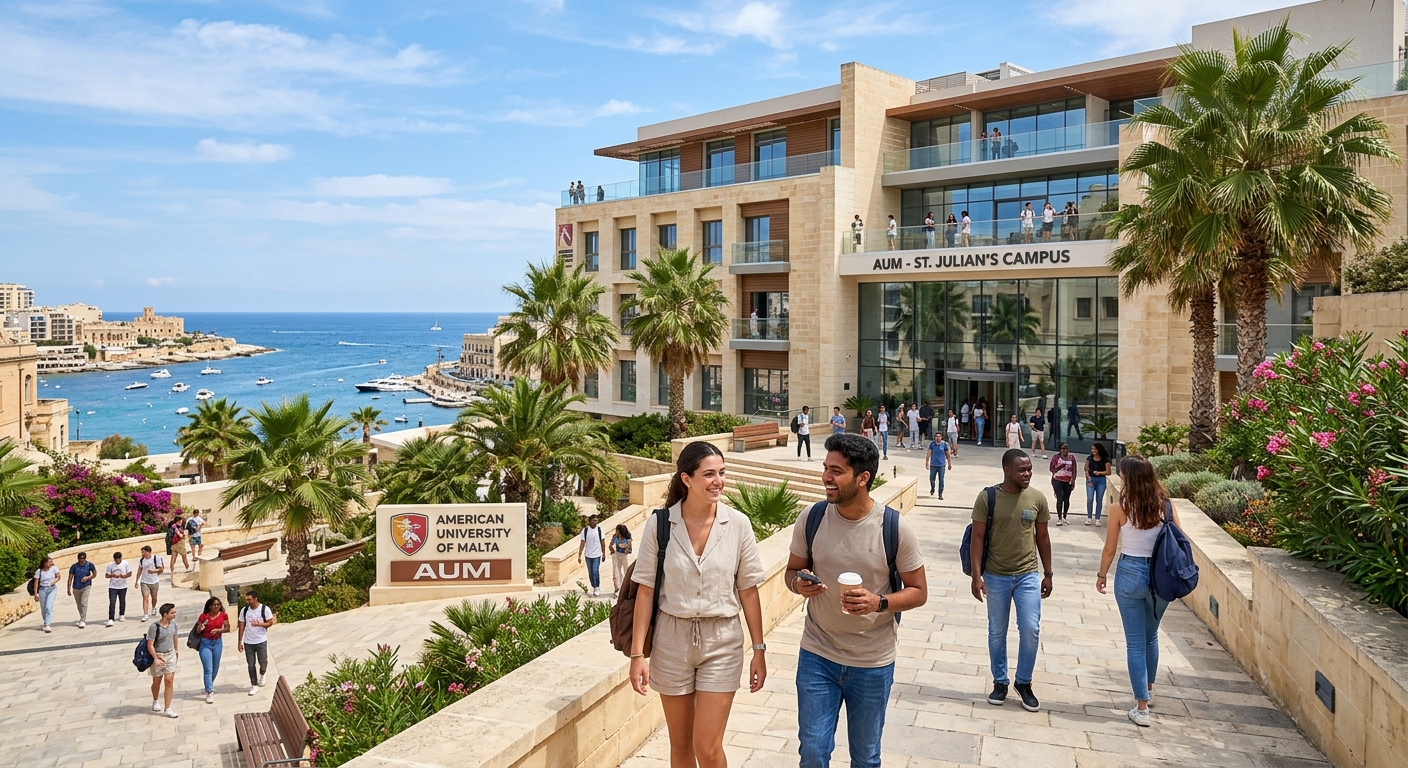 Modern campus building in St Julian's Malta with Mediterranean architecture, palm trees, blue sky, and international students walking near the entrance with a view of the sea in the background