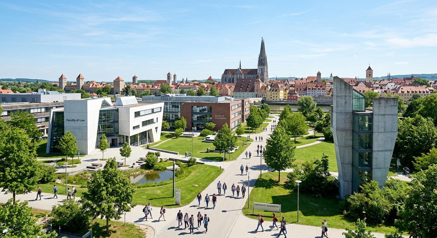 Modern university campus of the University of Regensburg in Bavaria, Germany, with contemporary faculty buildings surrounded by green lawns, students walking on pathways, historic Regensburg cityscape with medieval towers visible in the background under a clear blue sky