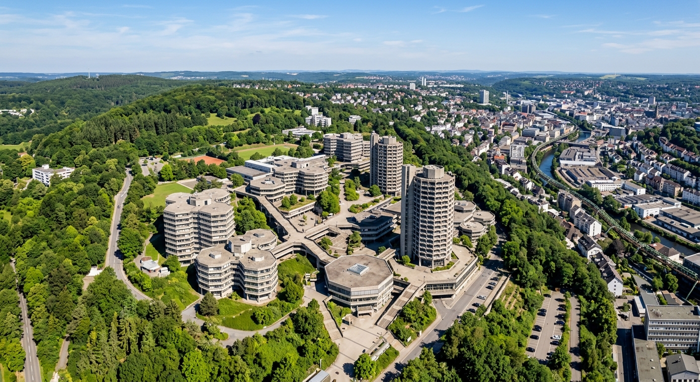 Aerial view of University of Wuppertal main Grifflenberg campus, modernist concrete honeycomb buildings on a green hillside overlooking the city of Wuppertal, North Rhine-Westphalia, Germany, clear sky