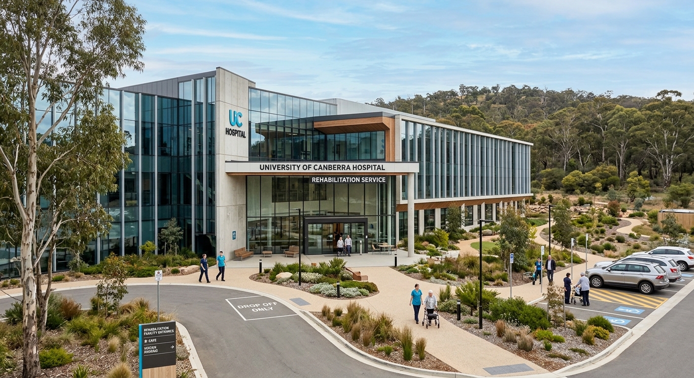 University of Canberra Hospital modern building exterior, glass facade, rehabilitation facility with landscaped entrance, Australian bush surroundings
