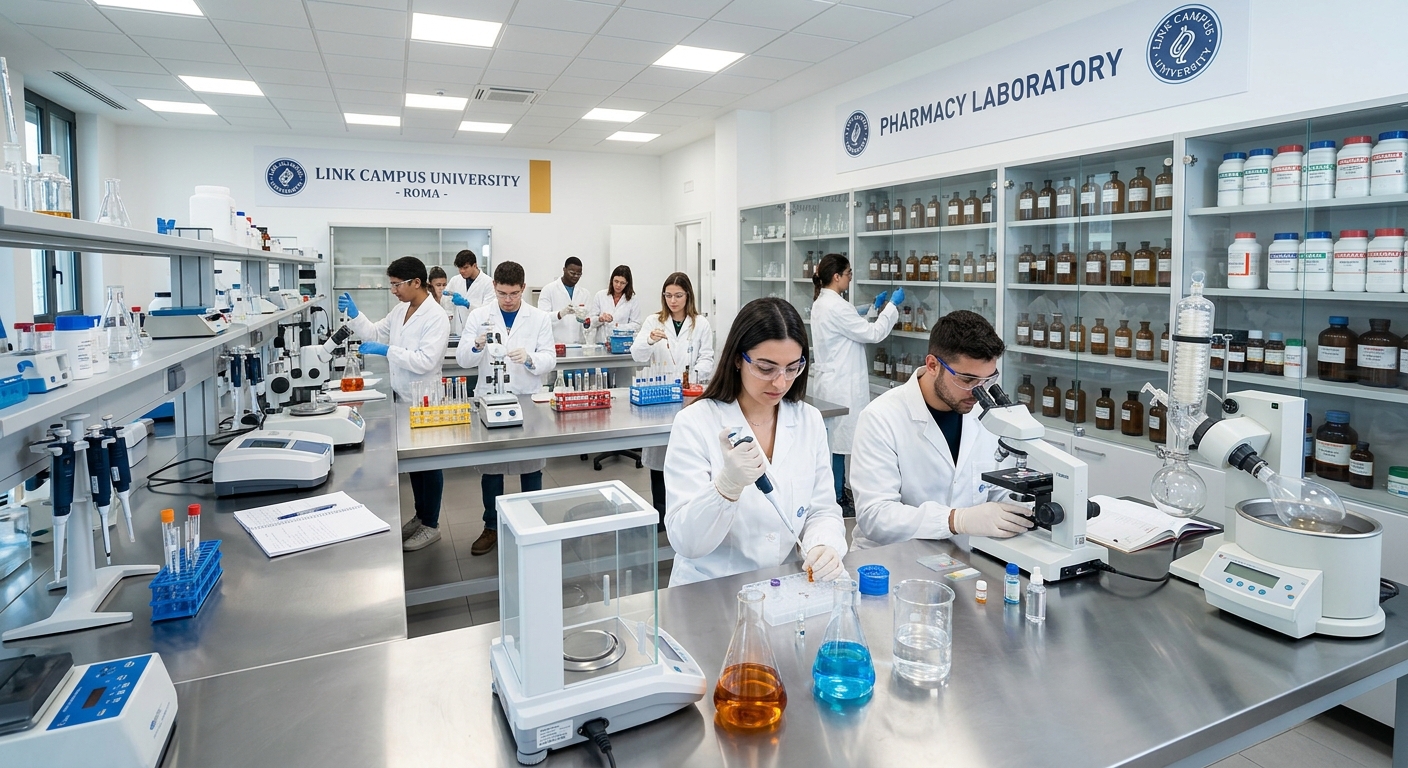 Modern pharmacy laboratory at Link Campus University in Rome, Italy, with students in white lab coats working with pharmaceutical equipment, microscopes, and chemical compounds, bright clinical lighting and glass cabinets filled with medicinal bottles