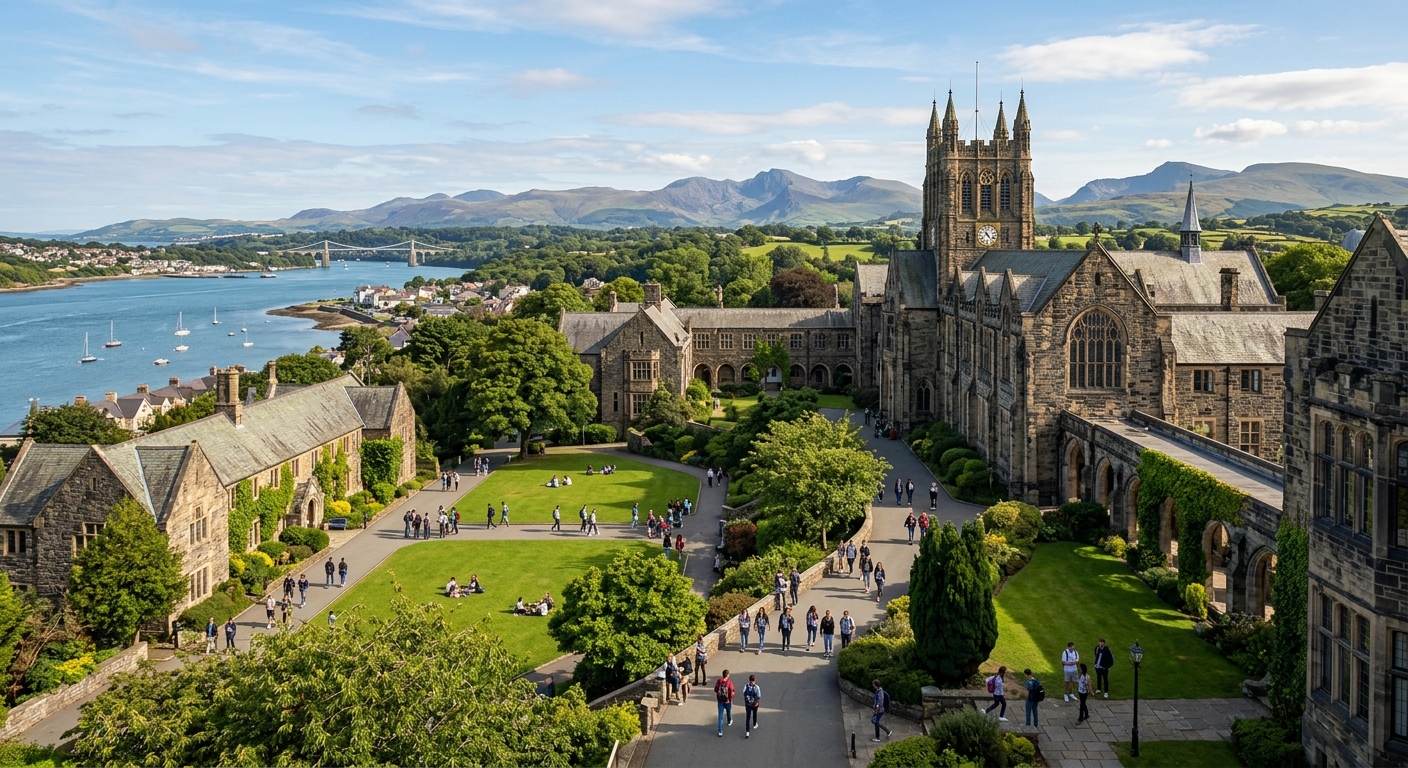 Bangor University campus with historic stone buildings nestled between Snowdonia mountains and the Menai Strait, students walking through green courtyards, North Wales coastal scenery in the background