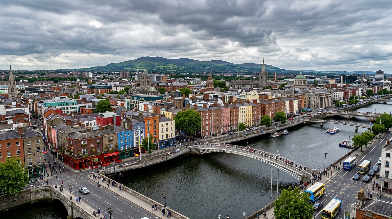 Dublin city panoramic view, River Liffey with Ha'penny Bridge, colourful Georgian buildings, Temple Bar area, green hills in background, overcast sky typical of Ireland