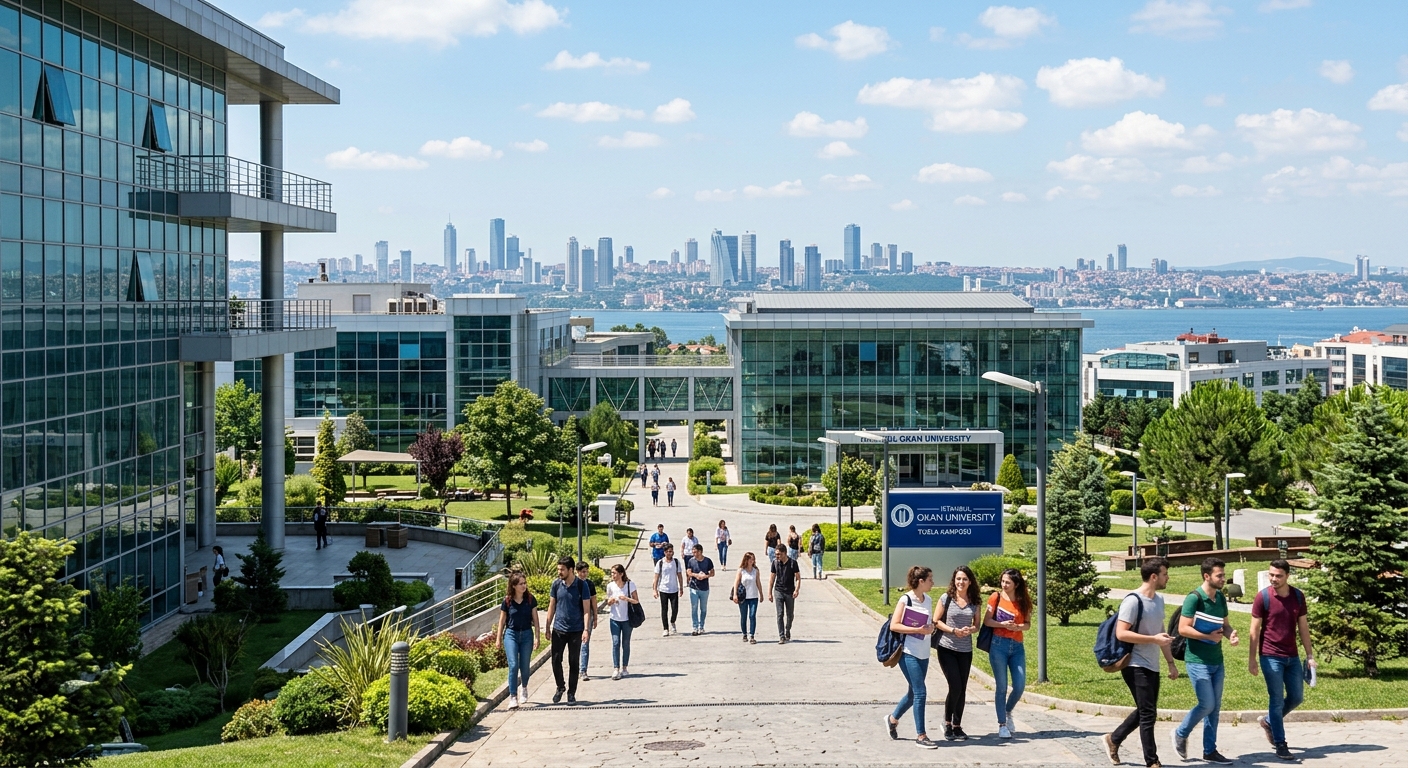 Modern Istanbul Okan University Tuzla Campus with contemporary glass buildings, landscaped grounds, and students walking between lecture halls with the Istanbul skyline visible in the background