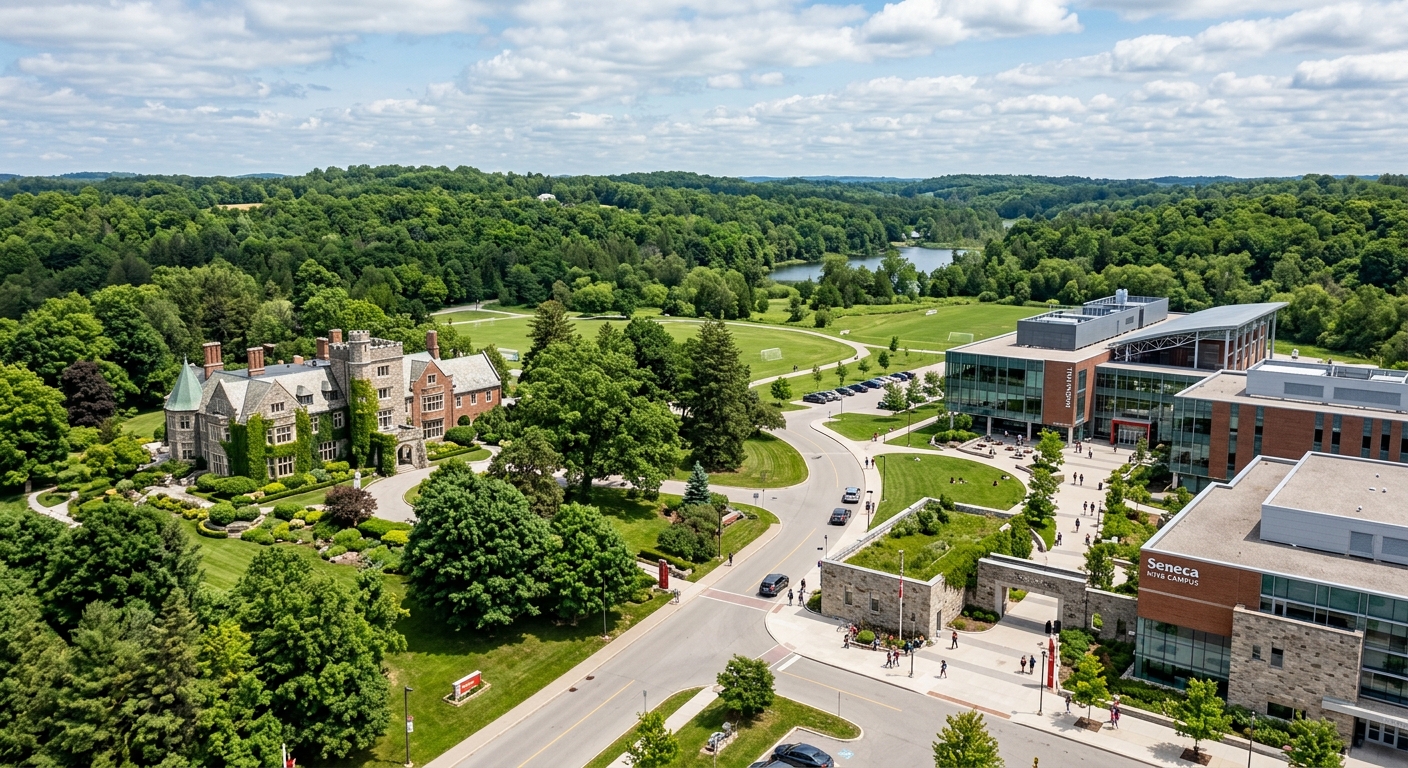 Seneca King Campus in King City, sprawling green grounds with historic estate buildings and modern academic facilities, wooded landscape