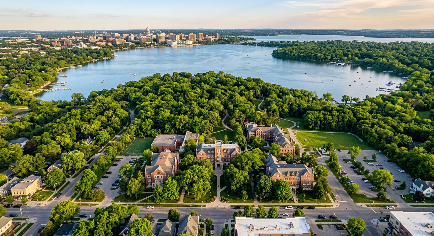 Aerial view of Edgewood College campus on Monroe Street in Madison Wisconsin, overlooking Lake Wingra with lush green trees, historic buildings, and the 55-acre wooded estate in warm afternoon light