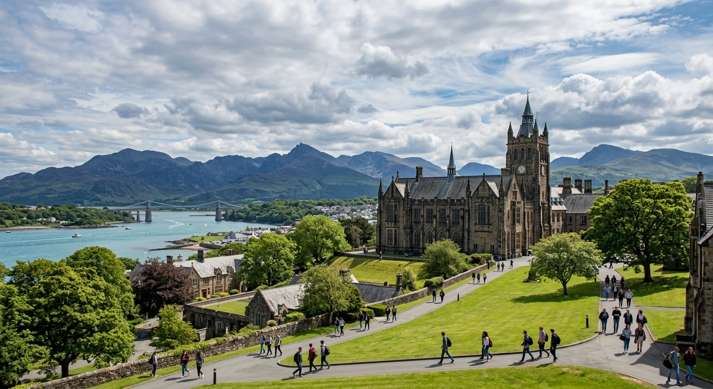 Bangor University campus with historic buildings nestled between Snowdonia mountains and the Menai Strait coastline, students walking through green grounds under a partly cloudy Welsh sky
