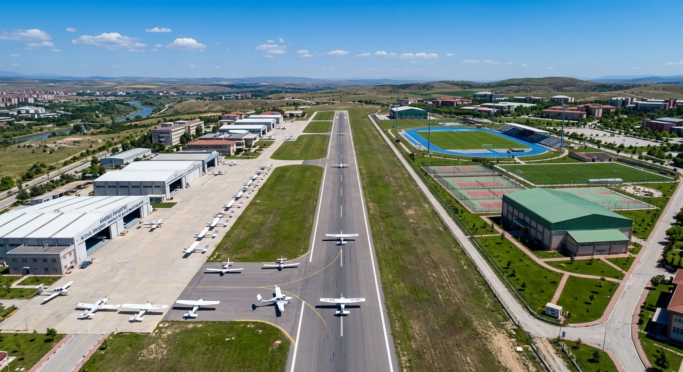Anadolu University İki Eylül Campus with aviation training facilities, small aircraft on runway, sports fields visible in background, clear sky