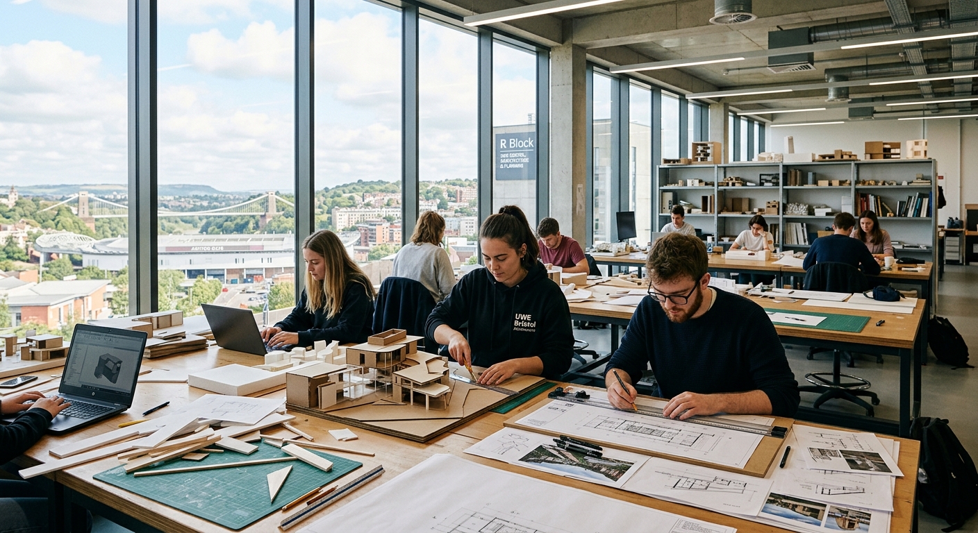 Modern architecture studio at UWE Bristol Frenchay Campus, students working on architectural models and drawings, large windows with natural light, design materials and tools visible on studio desks, Bristol cityscape in background