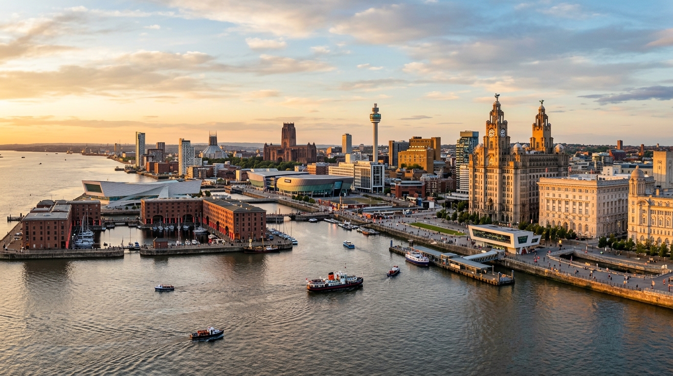 Liverpool city skyline panorama, iconic Royal Liver Building and waterfront, River Mersey, Albert Dock, modern and historic architecture, golden hour lighting