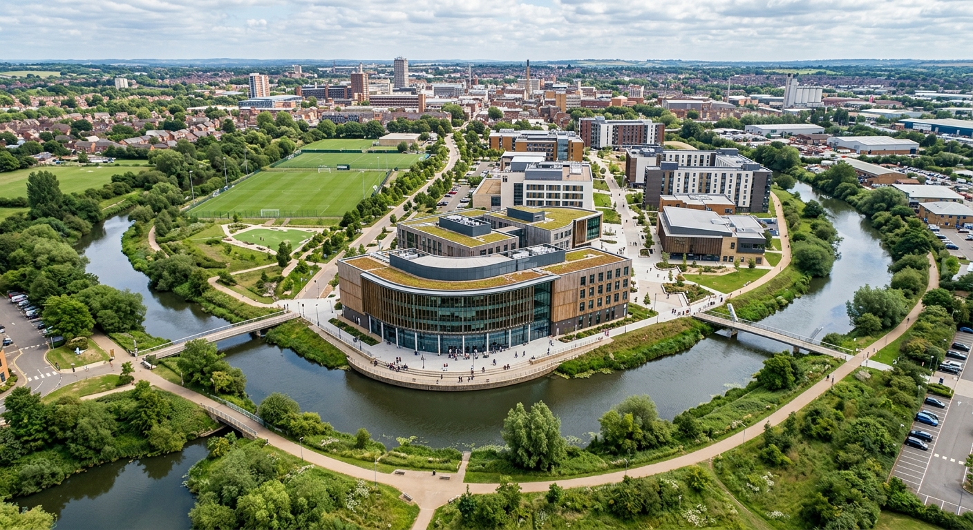 University of Northampton Waterside Campus aerial view showing the modern Learning Hub building alongside the River Nene, green spaces, and contemporary university architecture in Northampton, England