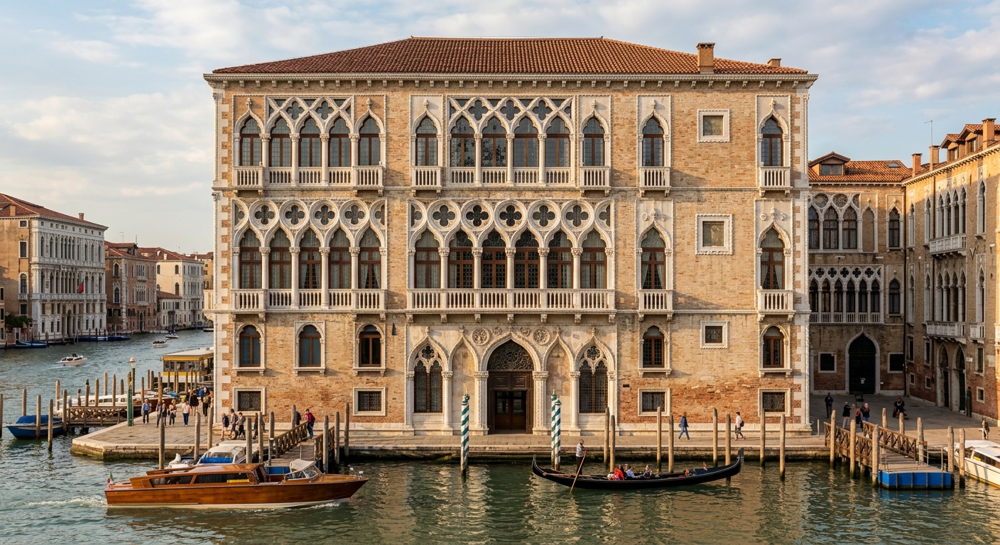 Ca' Foscari Gothic palace facade on the Grand Canal, ornate pointed windows, Istrian marble portal, afternoon light on Venetian waterfront