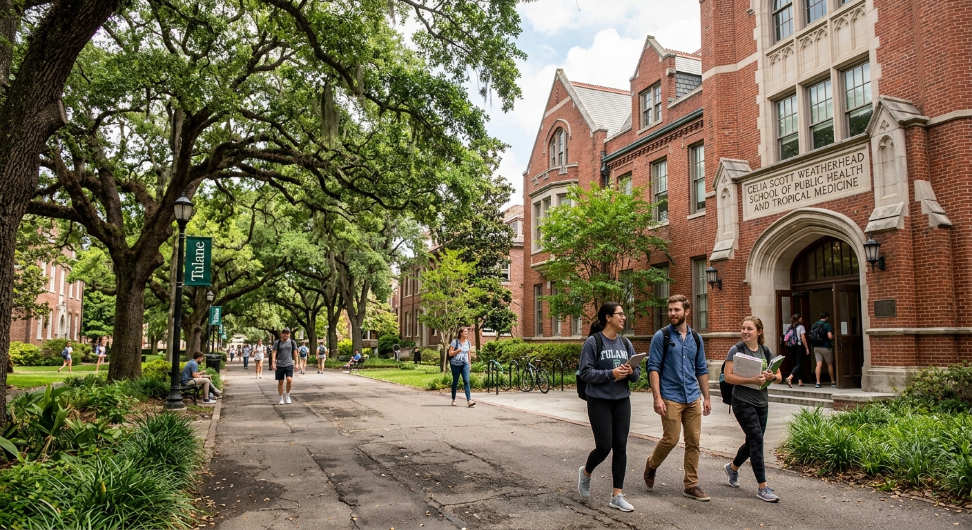 Tulane University campus in New Orleans with lush green oak trees lining the walkways, historic red-brick buildings, and graduate students walking through the Celia Scott Weatherhead School of Public Health and Tropical Medicine