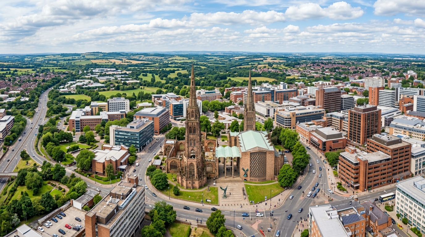Aerial panoramic view of Coventry city centre showing the old and new Coventry Cathedral side by side, modern buildings, green spaces, and the West Midlands landscape stretching into the distance under a bright sky
