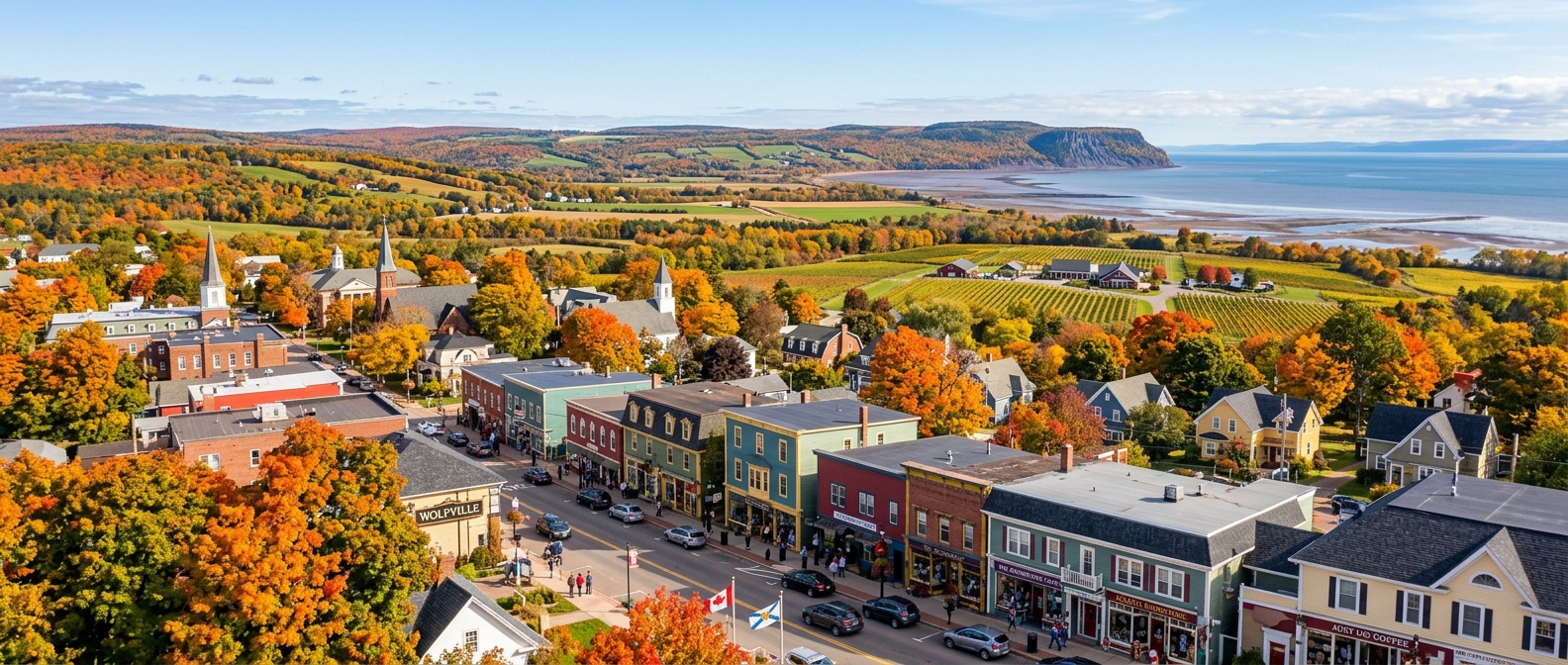 Panoramic view of Wolfville Nova Scotia, charming downtown main street with shops and cafes, Annapolis Valley vineyards in the distance, Bay of Fundy coastline, autumn colors