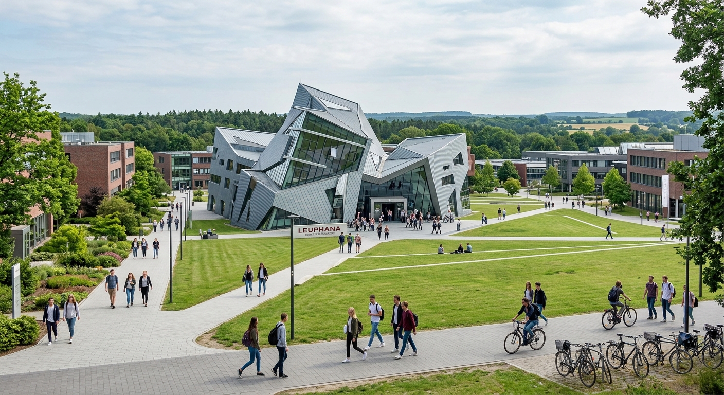 Modern Leuphana University Lüneburg campus with Daniel Libeskind-designed central building, green lawns, students walking between contemporary architecture, Lower Saxony Germany landscape