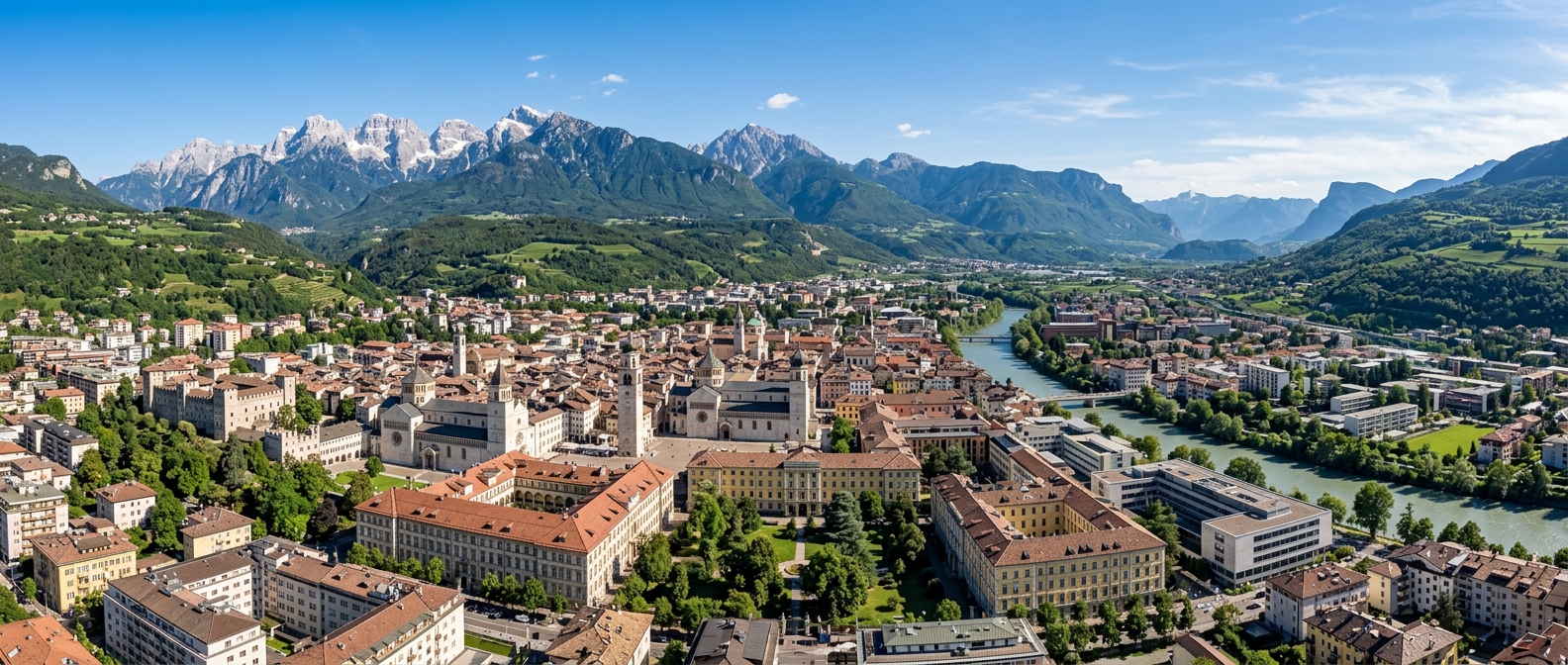 University of Trento campus panoramic view with historic buildings in the city center, Dolomite mountains in the background, green Alpine valley, clear blue sky, European university setting