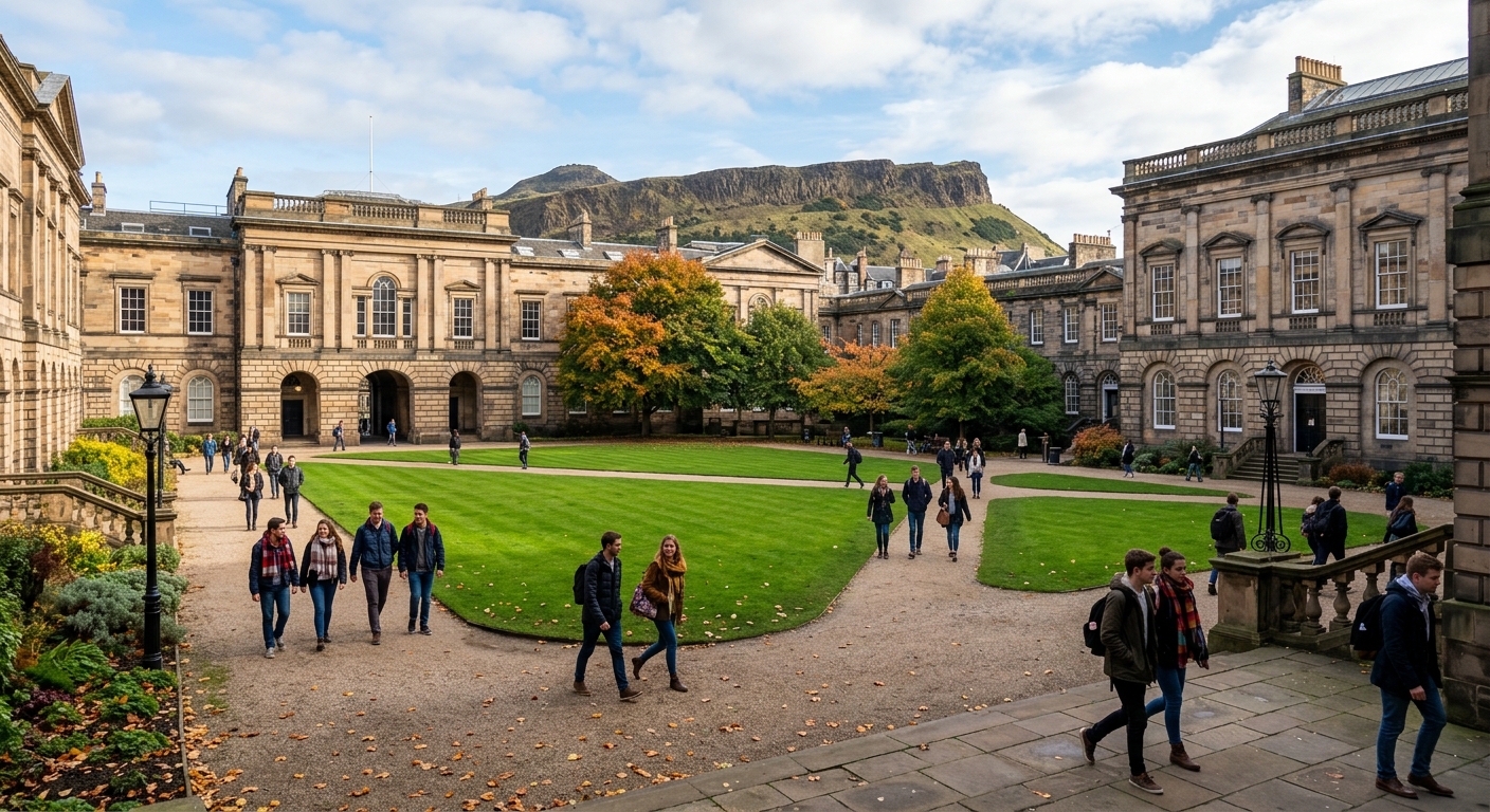 Historic University of Edinburgh Old Town campus with Georgian sandstone buildings, green quad courtyard, Arthur's Seat visible in background, students walking between lecture halls on a bright autumn day