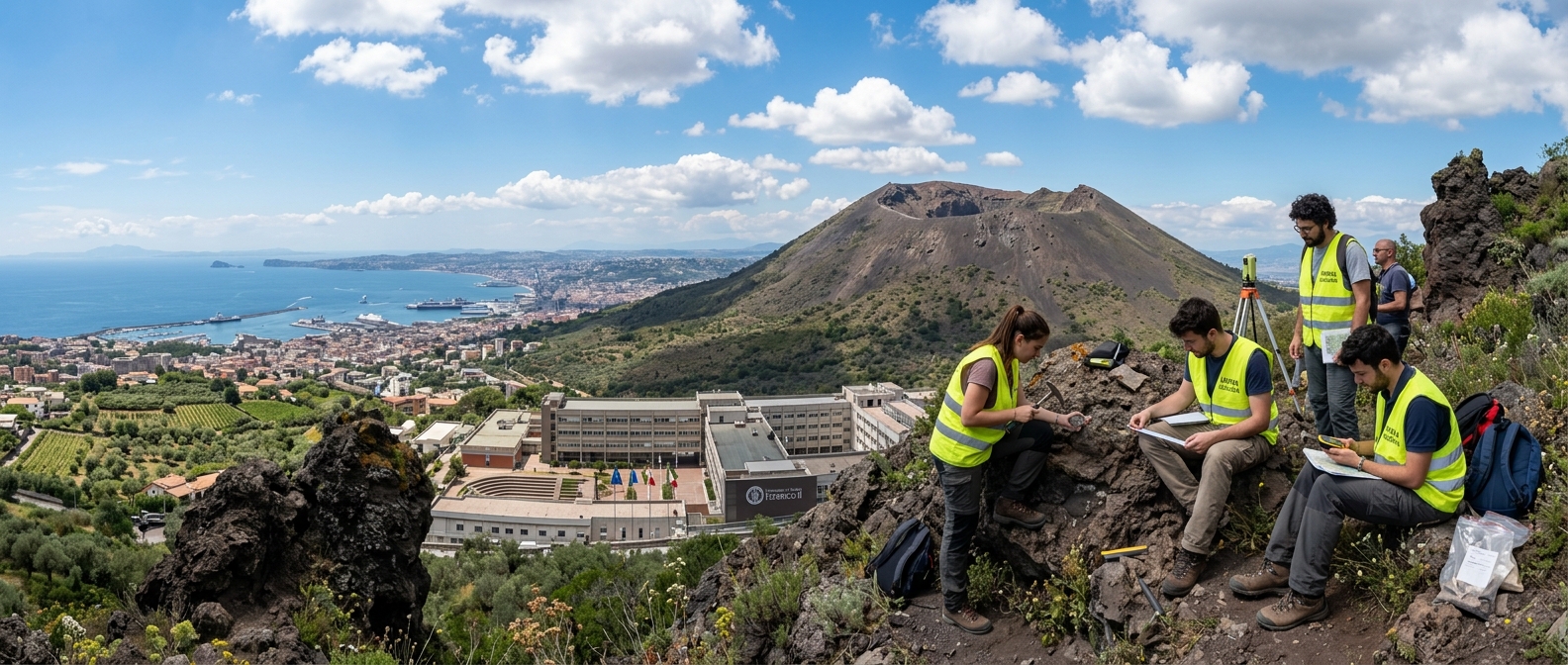 Panoramic view of Mount Vesuvius and the Bay of Naples with the University of Naples Federico II campus buildings in the foreground, volcanic landscape under Mediterranean blue sky, students conducting geological fieldwork on volcanic terrain