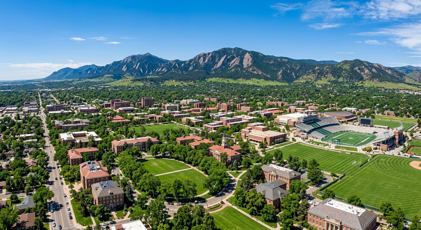 Aerial view of Colorado State University campus in Fort Collins with the Rocky Mountain foothills in the background, green lawns and historic brick buildings under clear blue Colorado sky