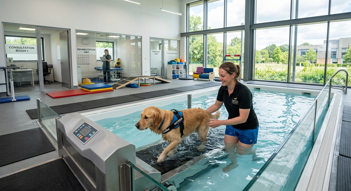 Specialist canine therapy centre at Writtle campus showing a hydrotherapy pool with an underwater treadmill, a therapist working with a dog in water, clinical consultation rooms visible in background, modern veterinary rehabilitation facility with natural light
