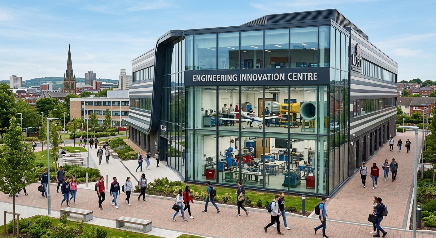 University of Lancashire Engineering Innovation Centre building exterior with modern glass facade, students walking on campus, aerospace engineering laboratory visible through windows, Preston UK skyline in background