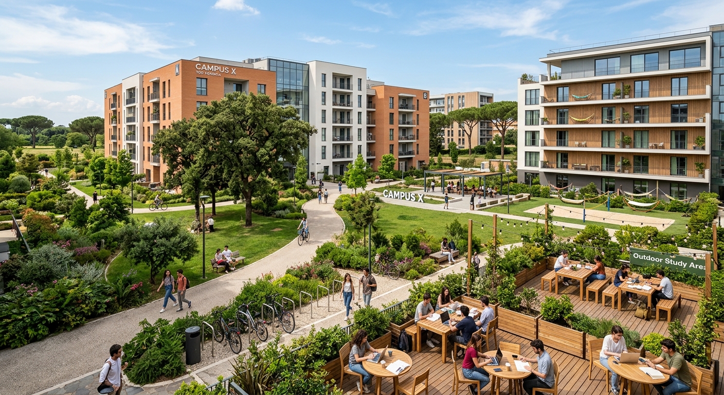 Campus X student residence at Tor Vergata, contemporary apartment buildings surrounded by green belt area, outdoor common spaces and study areas