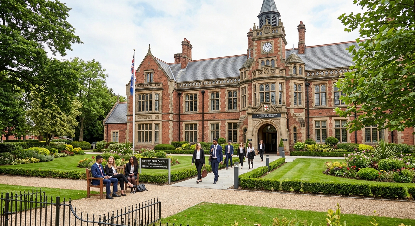 University of Chester Queen's Park campus, elegant refurbished historic buildings formerly Western Command headquarters, manicured gardens, professional business school environment