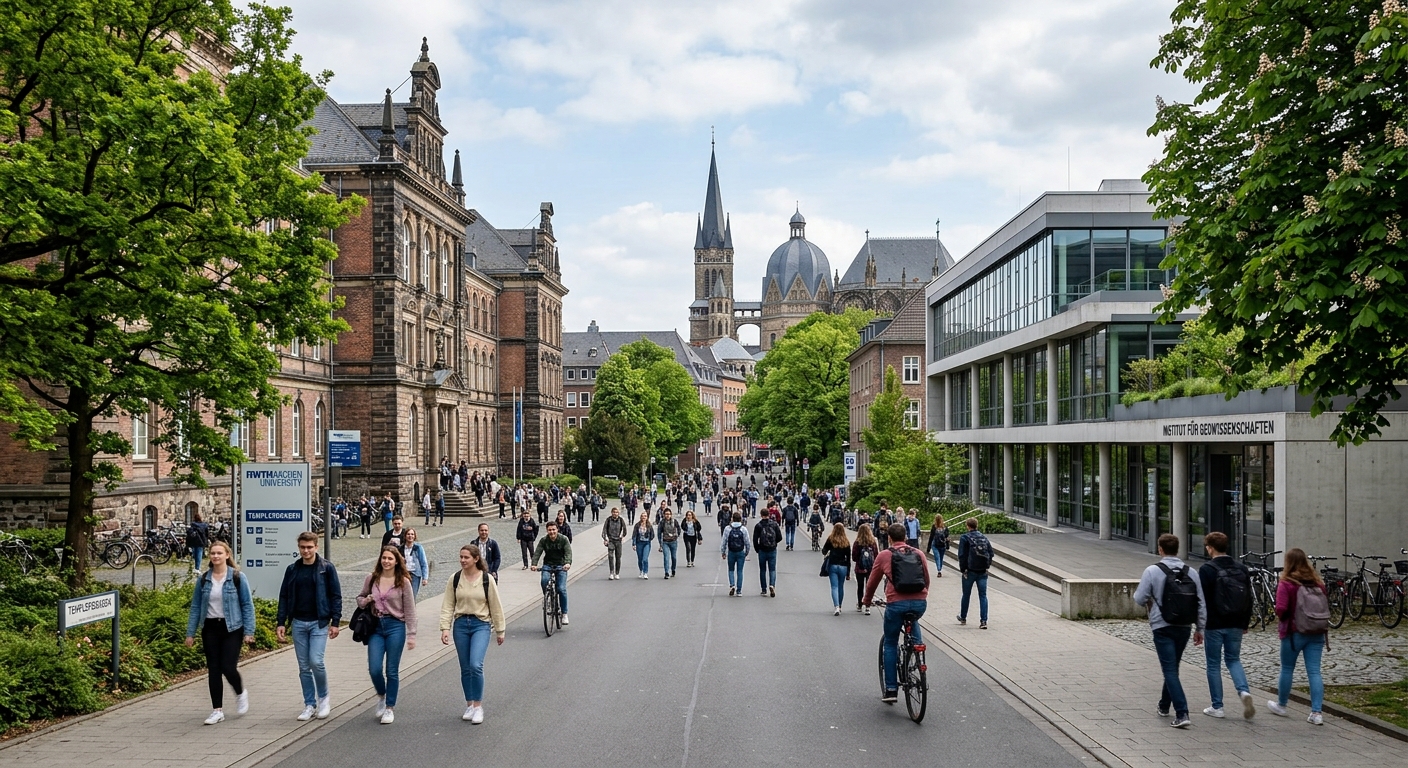 RWTH Aachen University campus with historic main building and modern geoscience research facilities, students walking through tree-lined pathways in Aachen, Germany, with Aachen Cathedral visible in the background