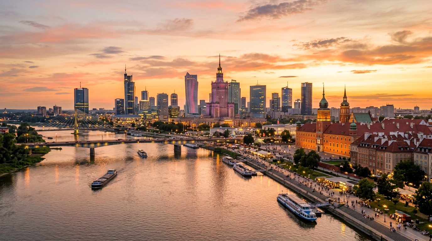 Warsaw city skyline panorama at sunset, Vistula River in foreground, modern skyscrapers mixed with historic Old Town architecture, Palace of Culture and Science visible, warm golden light