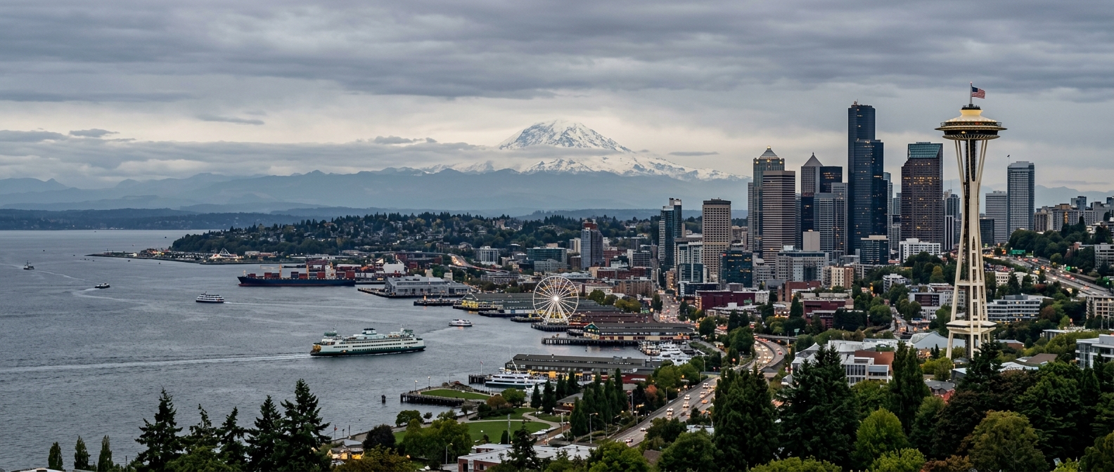 Seattle skyline panorama with the Space Needle, Mount Rainier in the background, Puget Sound waterfront, modern skyscrapers, lush green trees, overcast Pacific Northwest sky