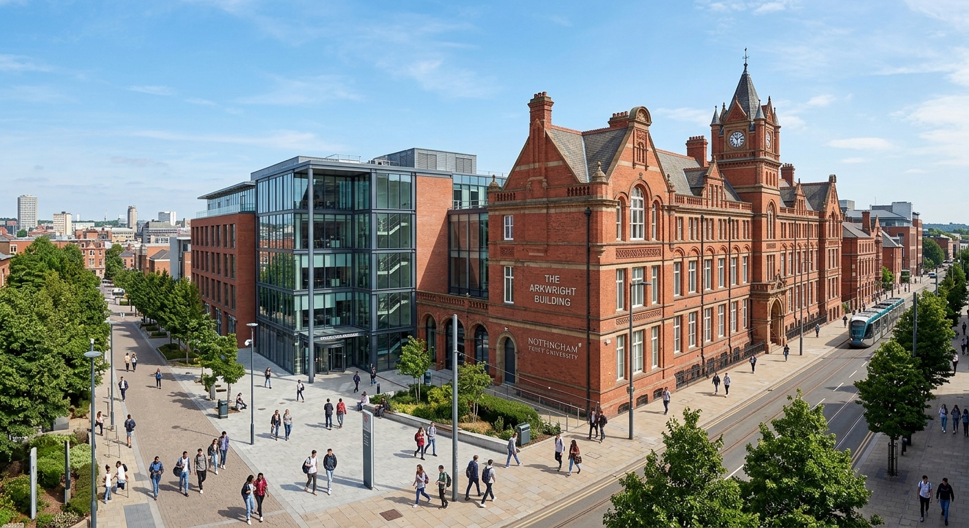 Nottingham Trent University City Campus wide shot featuring the iconic Newton Building and Arkwright Building with red brick Victorian architecture, modern glass extensions, students walking across the plaza, green trees lining the streets, clear blue sky over Nottingham city centre